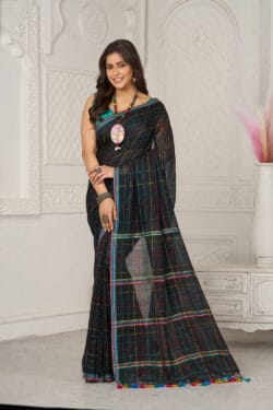 Handwoven Bold Black Mul Cotton Saree – Organic Saree