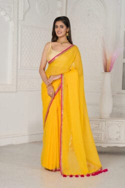 Luminous Yellow Mul Saree with Fuchsia Trim – Organic Cotton Saree