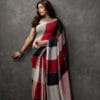 Stunning Bohemian Grey Black Red Organic Cotton Linen Saree | Red & Black Accents – A Masterpiece 2025