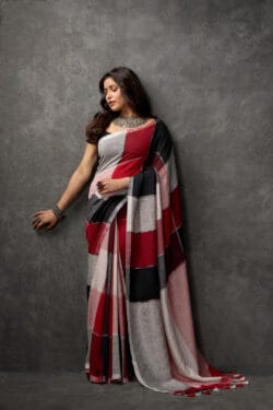 Stunning Bohemian Grey Black Red Organic Cotton Linen Saree | Red & Black Accents – A Masterpiece 2025