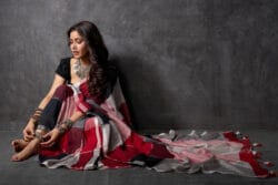 Bohemian Grey Mul Cotton Saree with Red & Black Accents – A Masterpiece