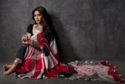 Bohemian Grey Mul Cotton Saree with Red & Black Accents – A Masterpiece