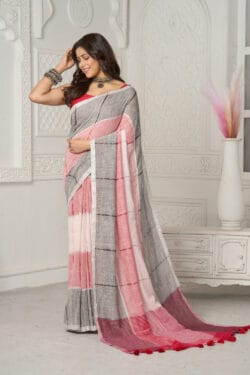 Linen Soft Pink and Grey Saree – Pure Organic Mul Cotton Saree