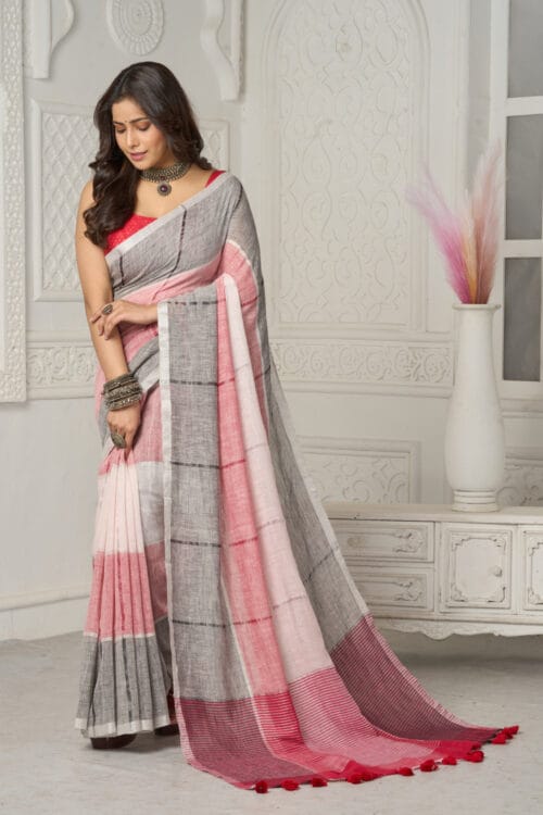 Soft Pink and Grey Saree – Pure Organic Mul Cotton Saree