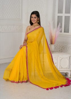 Yellow Mulmul Saree with Fuchsia Trim – Organic Cotton Saree