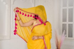 Yellow Mulmul Saree with Fuchsia Trim – Organic Cotton Saree