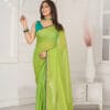 Dazzling Lime Green Mul Cotton Saree With Fuchsia- Ethnic Indian Organic Cotton Saree