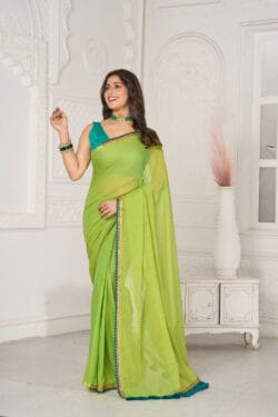 Dazzling Lime Green Mul Cotton Saree With Fuchsia- Ethnic Indian Organic Cotton Saree