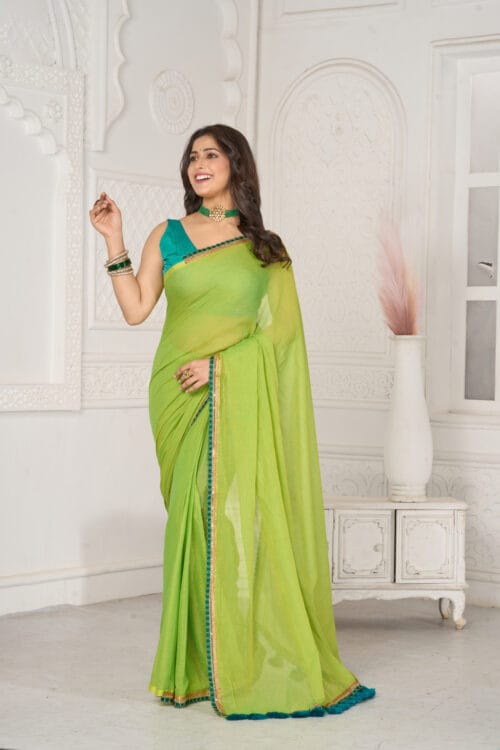 Dazzling Lime Green Mul Cotton Saree With Fuchsia- Ethnic Indian Organic Cotton Saree