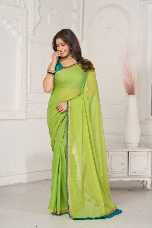 Lime Green Mul Cotton Saree – Ethnic Indian Organic Cotton Saree