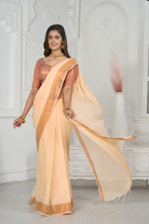 🧡 Peach Mul Cotton Saree – Soft & Elegant Summer Style