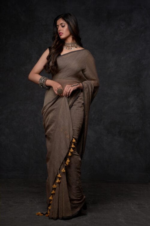 Elite Earth Brown Mul Soft Organic Cotton Saree | Handwoven by Nikunj Khatri 2025