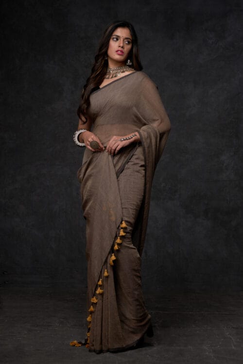 Elite Earth Brown Mul Soft Organic Cotton Saree handwoven by Nikunj Khatri 2025