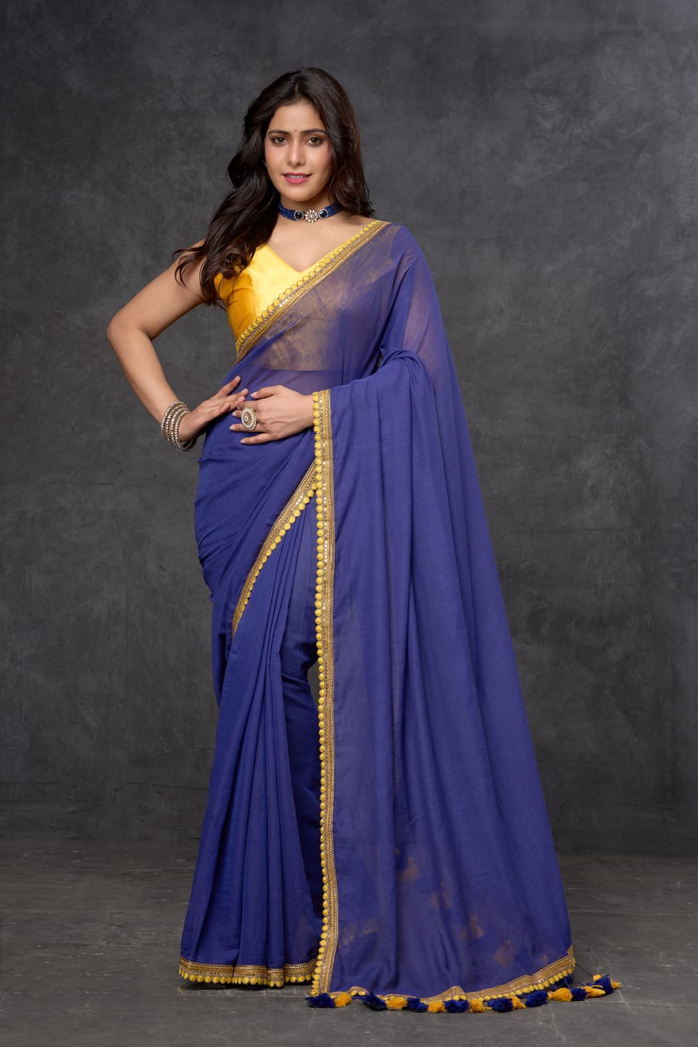 Royal Blue Mul Cotton Saree Front View | Fuchsia Lace with Pom Pom 2025 Royal Blue Mul Cotton Saree with Fuchsia Trim & Pom Poms | By Nikunj Khatri 2025