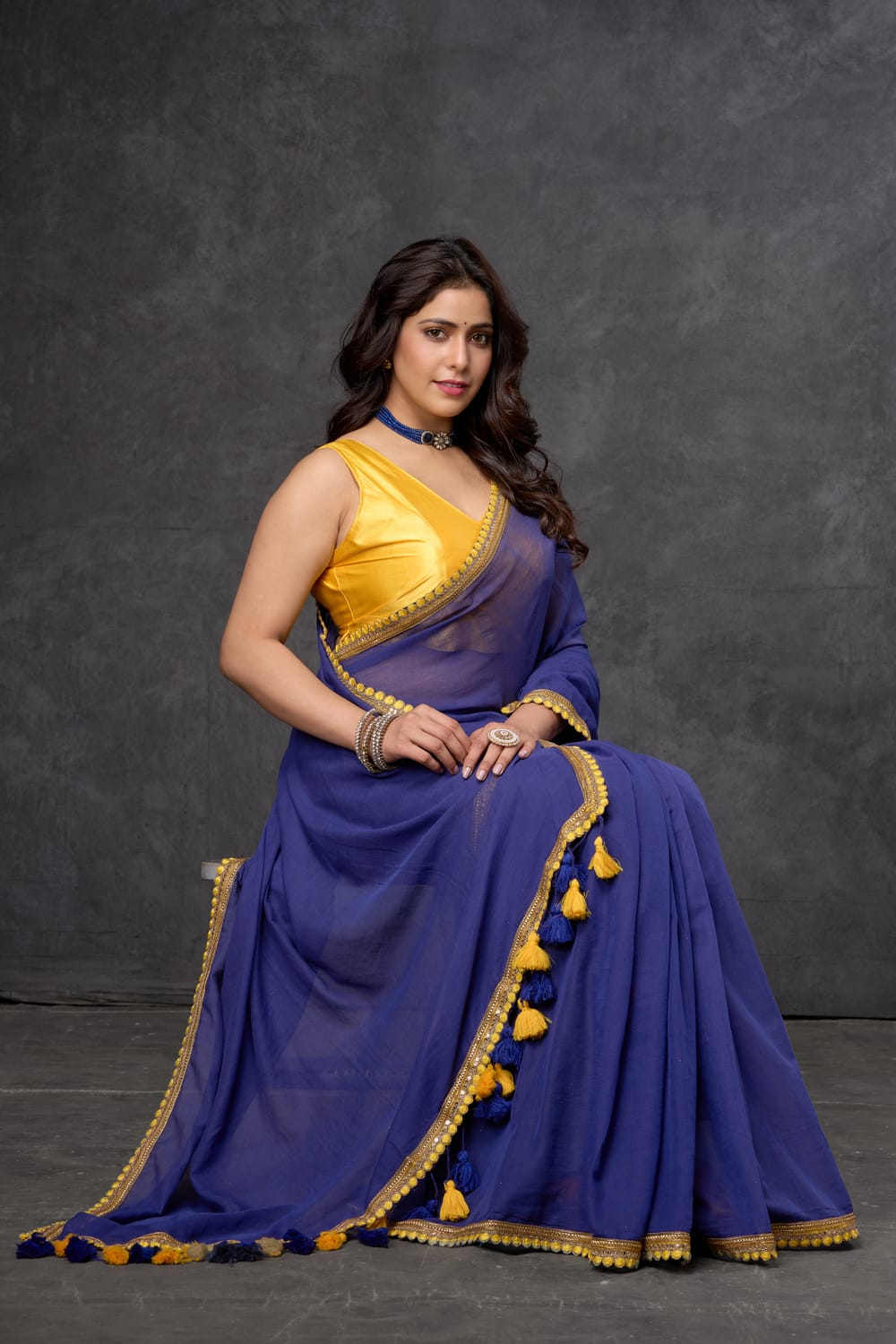 Close-Up of Fuchsia Lace and Pom Pom | Royal Blue Mul Cotton Saree 2025 Royal Blue Mul Cotton Saree With Fuchsia Lace With Pom Pom