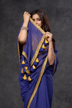 Royal Blue Mul Cotton Saree with Fuchsia Lace and Pom Pom by Nikunj Khatri 2025 – Organic Handwoven Saree