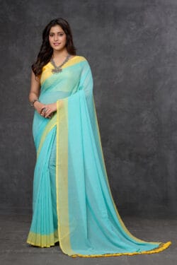 Best-selling Turquoise Blue Two Dye Saree - Mul Cotton With Pom Pom | By Nikunj Khatri 2025