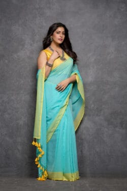 Best-selling Turquoise Blue Two Dye Saree - Mul Cotton With Pom Pom | By Nikunj Khatri 2025