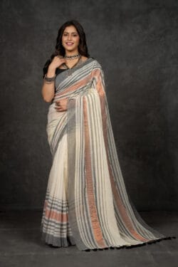 Genius Ivory Grey Premium Mul Cotton Saree with Copper Zari Patta – Full View-By Nikunj Khatri 2025