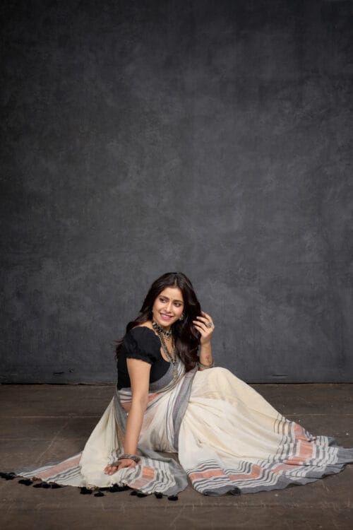 Genius Ivory Grey Premium Mul Cotton Saree with Copper Zari Patta – Full View-By Nikunj Khatri 2025
