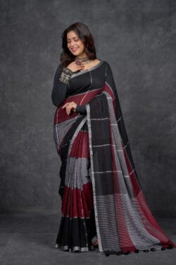 Side view of Playful Pure Cotton Linen Saree with Black, Maroon, and Grey Checks