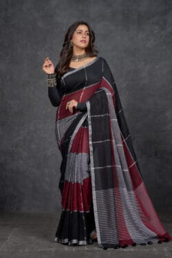 Playful Pure Cotton Linen With Black, Maroon, Grey Checks | Saree By Nikunj Khatri 2025