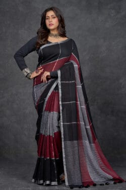 Pallu close-up of Playful Cotton Linen Saree featuring Black, Maroon, and Grey Checked Design