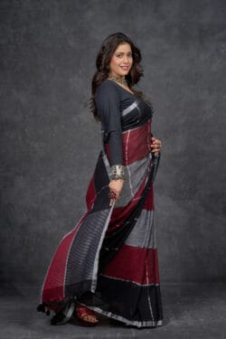 Model wearing Playful Pure Cotton Linen Saree in Black, Maroon, and Grey Check Pattern – Front View