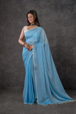 Front view of Pastel Sky Blue Mul Cotton Saree in premium quality handwoven cotton by Nikunj Khatri 2025