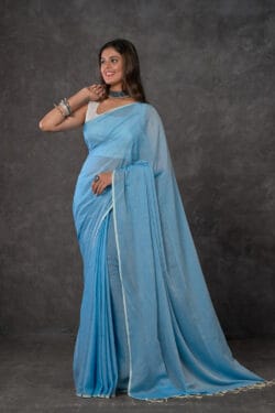 Close-up of pleats and premium texture of Pastel Sky Blue Mul Cotton Saree handwoven by Nikunj Khatri 2025