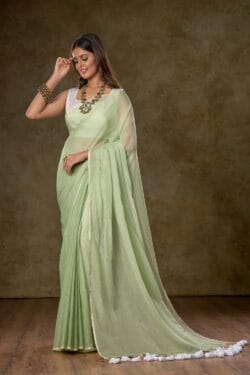 Front view of Savvy Mint Green Mul Cotton Saree in premium lightweight cotton, handwoven by Nikunj Khatri 2025