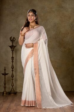 Rich Ivory Mul Cotton Saree with Copper Zari Border handwoven by Nikunj Khatri 2025