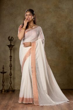 Ivory Mul Cotton Saree With Copper Zari Border