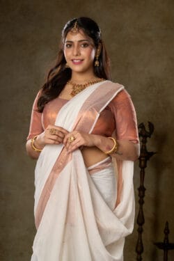 Ivory Mul Cotton Saree With Copper Zari Border