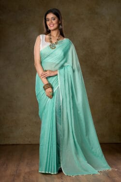 Turquoise Blue Mul Cotton Saree – Featherlight Comfort