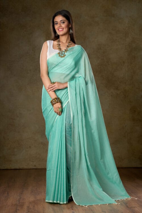 Turquoise Blue Mul Cotton Saree – Featherlight Comfort
