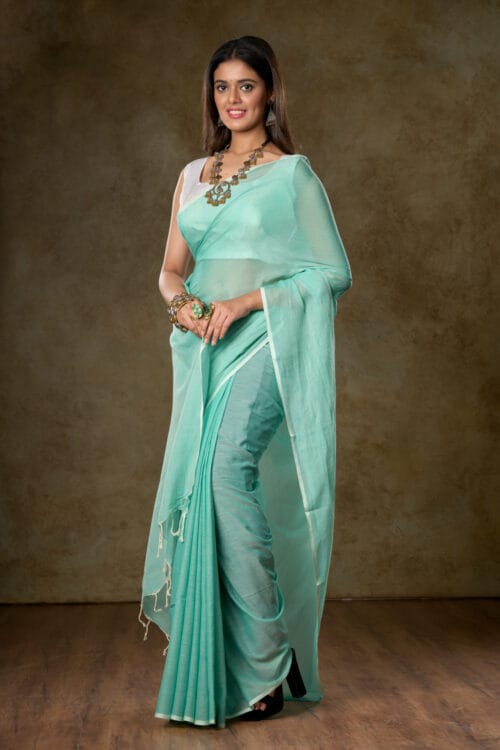 Turquoise Blue Mul Cotton Saree – Featherlight Comfort