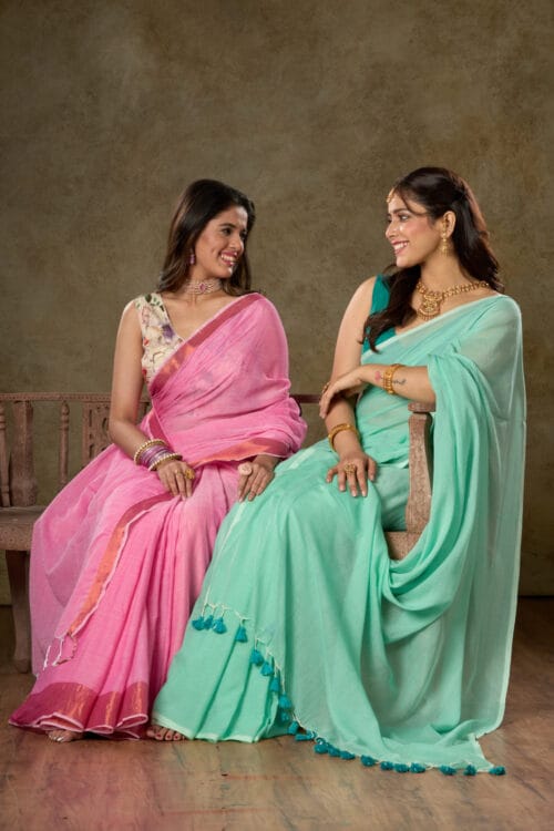 Pink & Aloe Green Mul Cotton Saree Combo