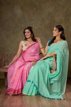 Luxurious Pink & Aloe Green Mul Cotton Saree Combo