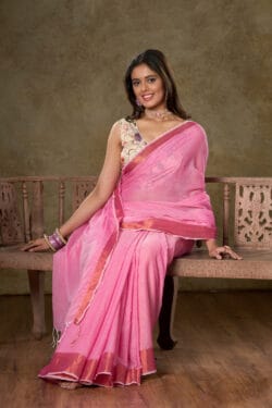 🩷 Pink Mul Cotton Saree with Copper Zari Patta