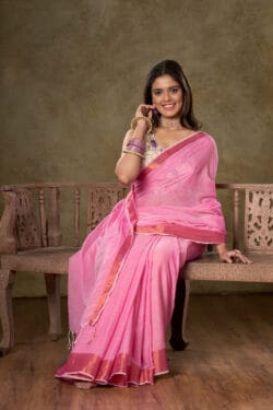 🩷 Pink Mul Cotton Saree with Copper Zari Patta