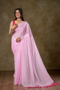 💗Soft Baby Pink Mul Cotton Saree With Pom Poms