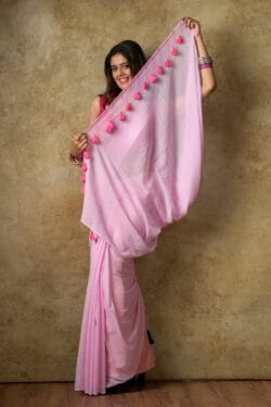 💗Soft Baby Pink Mul Cotton Saree With Pom Pom